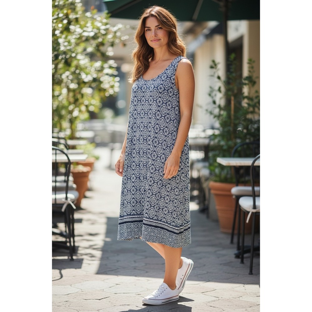 J.Jill Blue Floral Print Dress M Sleeveless Stretch Rayon Casual Boho Lagenlook - Picture 2 of 8